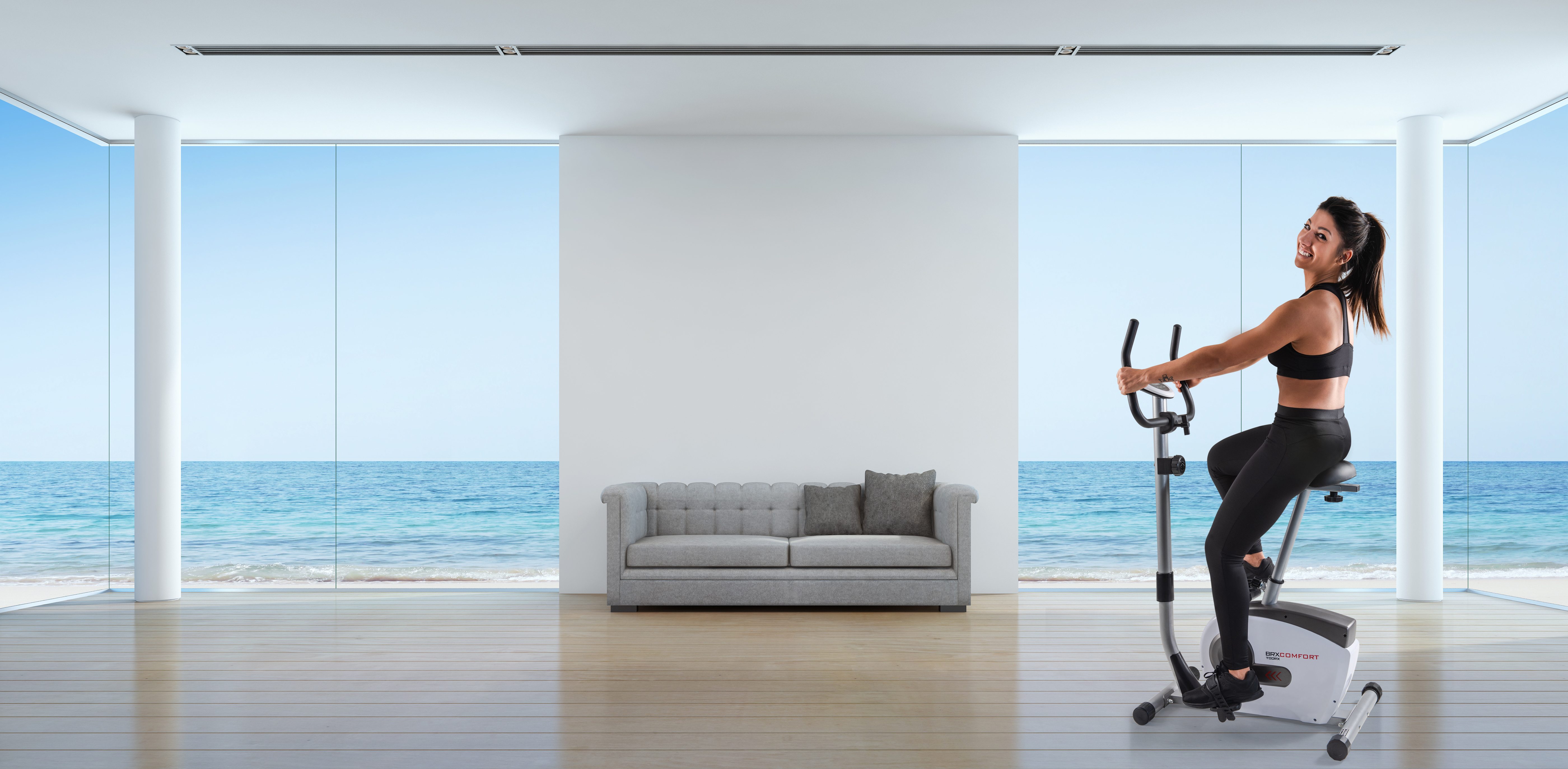 Sea view living room interior in modern beach house - 3D renderi